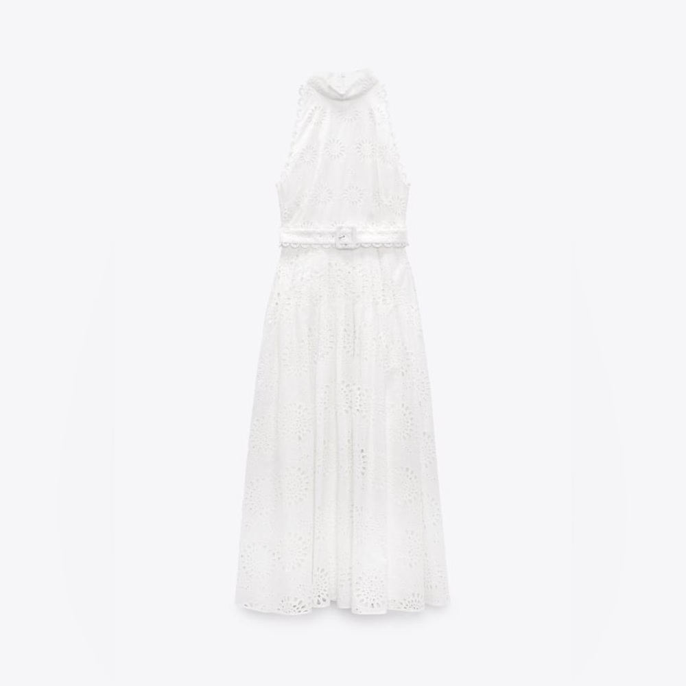 Zara Embroidered Belted Midi Dress sz L